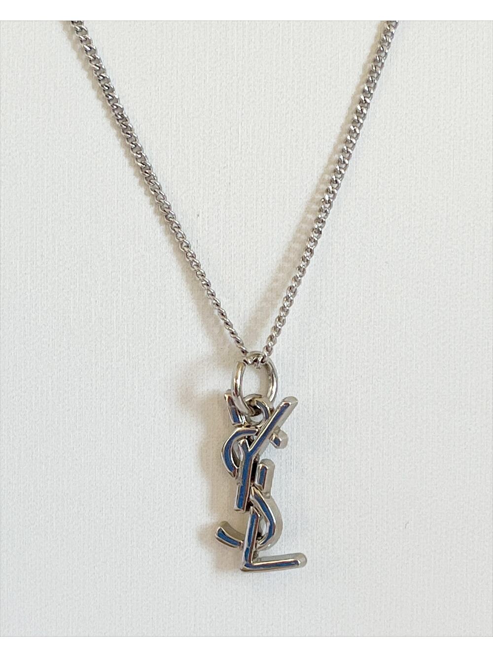 YVES SAINT LAURENT YSL Logo Charm Zipper Pull Pendant Necklace Silver Tone